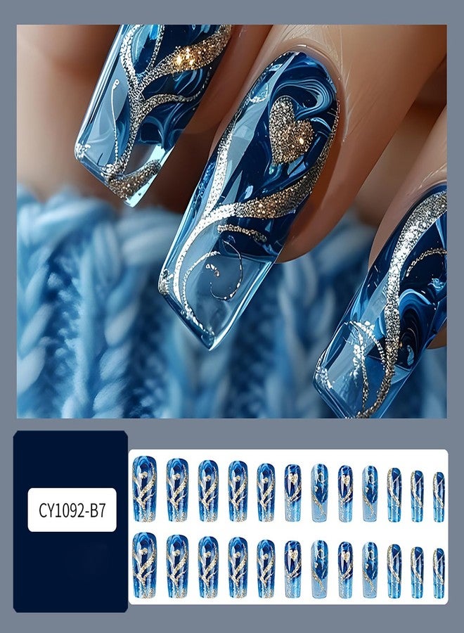 CJDLTS Glitter Powder Love Heart Press on Nails Long Square Gold Glitter Stripes Design Blue Gradient Acrylic Fake Nail Full Cover Glossy Artificial Fingernails DIY Reusable Glue on Nails for Women 24Pcs - Image 2